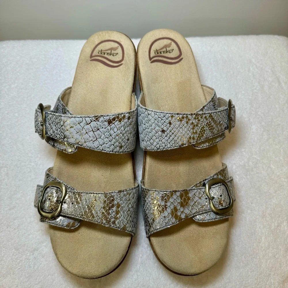Dansko Sophie Leather Snakeskin‎ Metallic Slide Sandal Double Strap EUR size 41